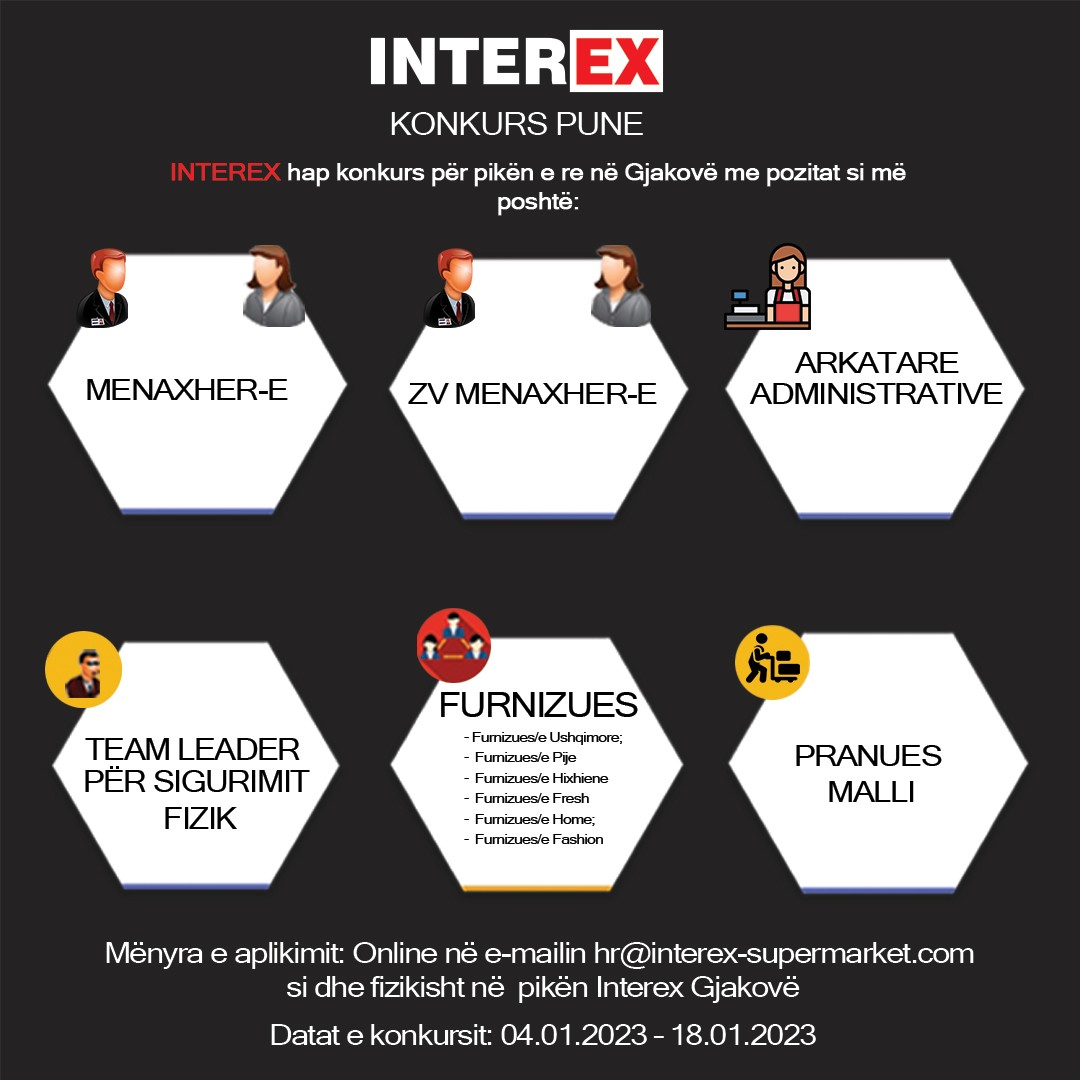 Menaxher/e, Zv. Menaxher/e, Arkatare Administrative, Team Leader për Sigurim FIzik, Furnizues, Pranues Malli